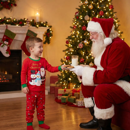 petit garçon en pyjama pour bébés de noël rouge avec des bonhommes de neige qui donne des biscuits et du lait au père noël