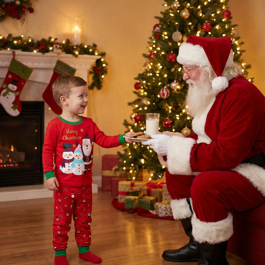 petit garçon en pyjama pour bébés de noël rouge avec des bonhommes de neige qui donne des biscuits et du lait au père noël