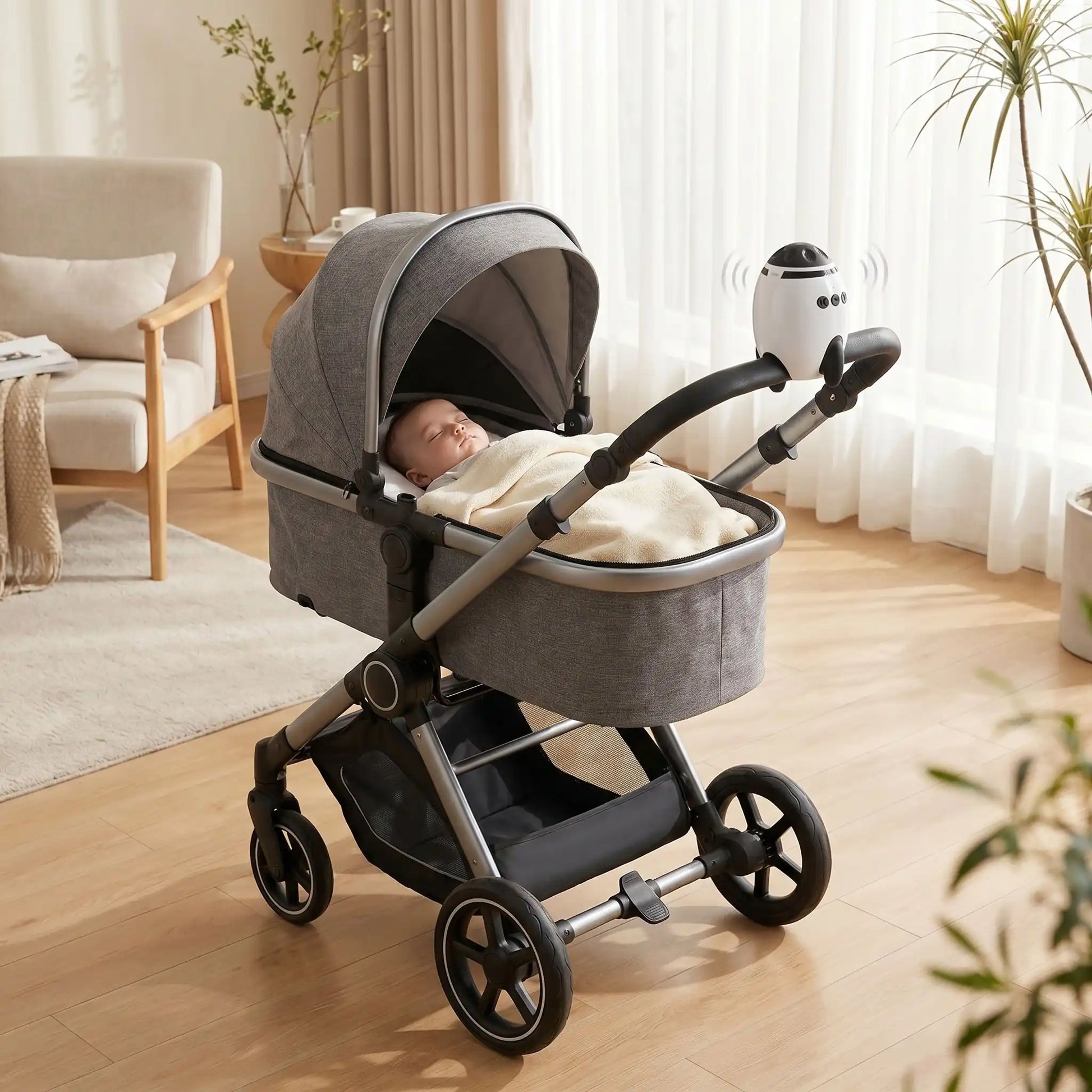 bébé qui arrive de promenade en poussette dans un salon avec un berceur automatique pour poussette en forme de fusée qui est  fixé sur celle ci 