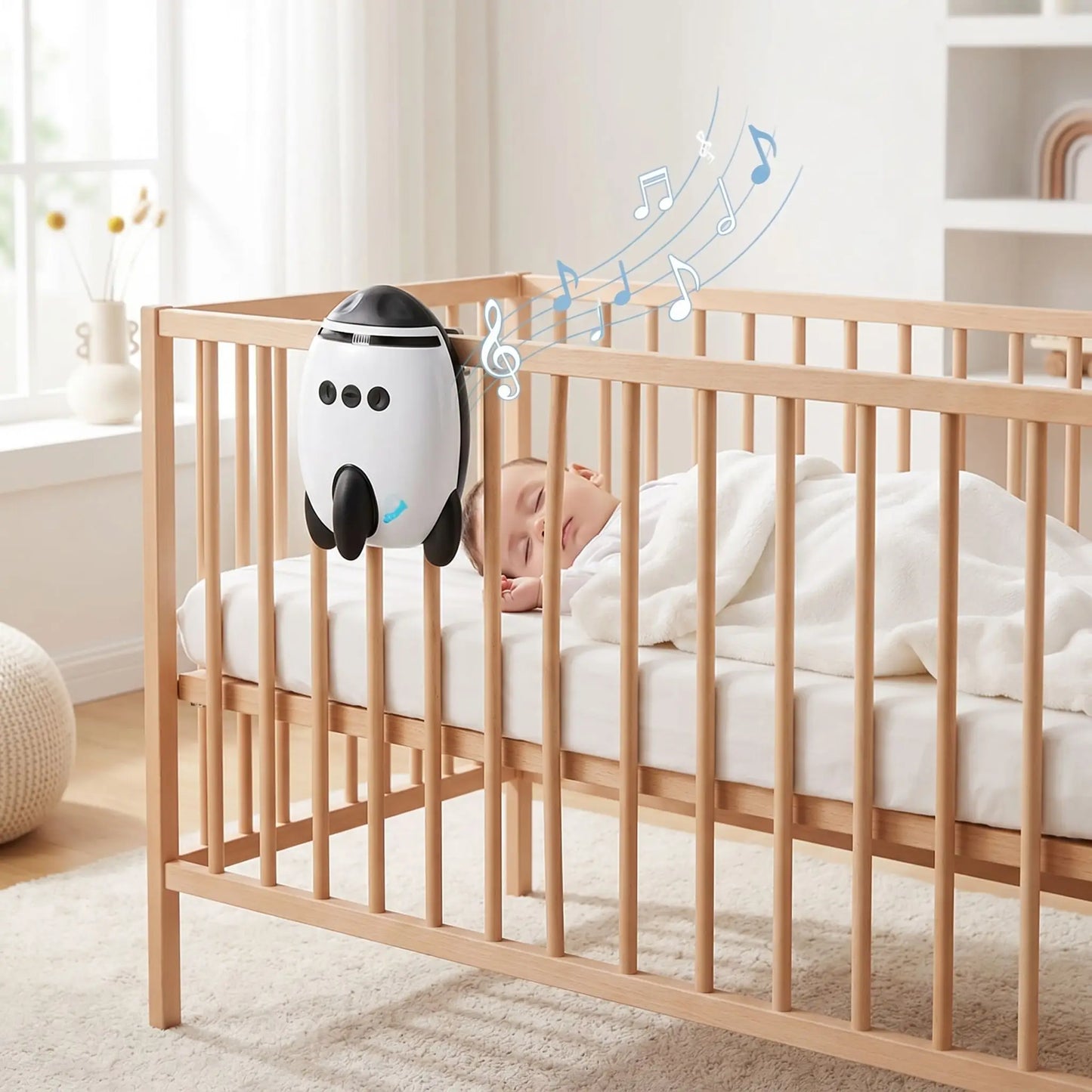 Le berceur de poussette électrique automatique fixé solidement sur les barreaux d'un lit de bébé en bois. L'appareil est en position pour faciliter l'endormissement de bébé à la maison grâce à son balancement autonome.