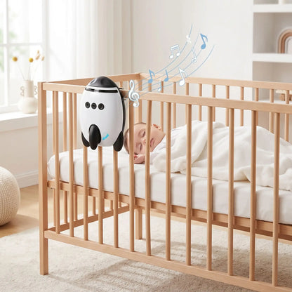 Le berceur de poussette électrique automatique fixé solidement sur les barreaux d'un lit de bébé en bois. L'appareil est en position pour faciliter l'endormissement de bébé à la maison grâce à son balancement autonome.