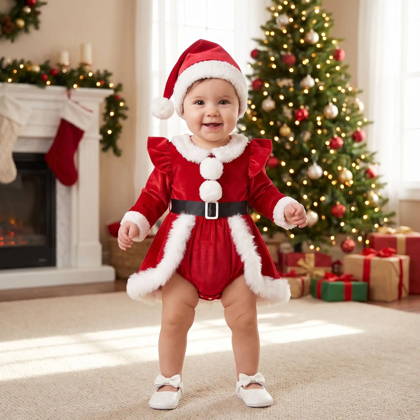 Tenue de fête bébé fille style body de noël avec boutons pression pratiques pour le change