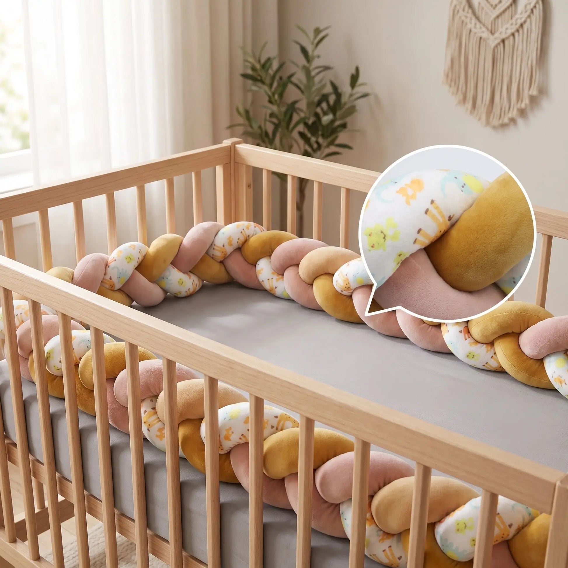 Détail du tissu hypoallergénique et du tressage jaune moutarde d'une bordure de lit bébé
