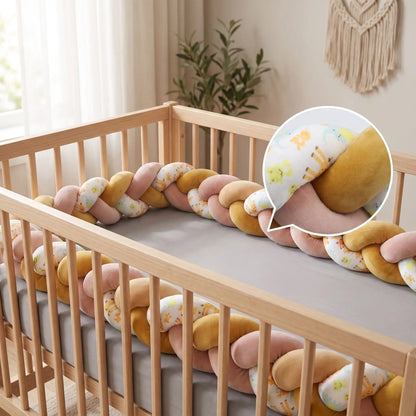 Détail du tissu hypoallergénique et du tressage jaune moutarde d'une bordure de lit bébé