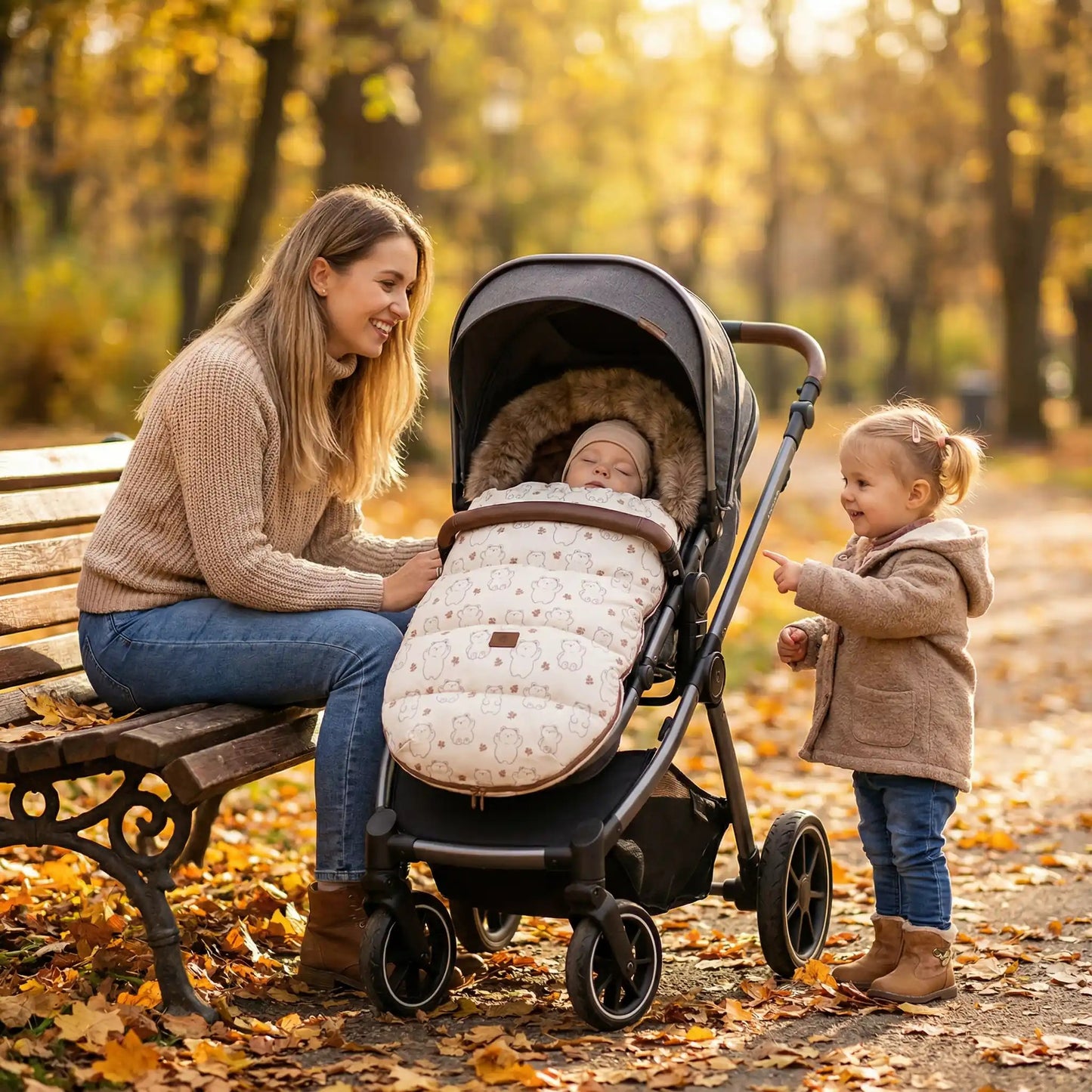 Maman et petite fille regardant un bébé dormir paisiblement dans sa chancelière chaude à motifs ours lors d'une promenade en poussette en automne.