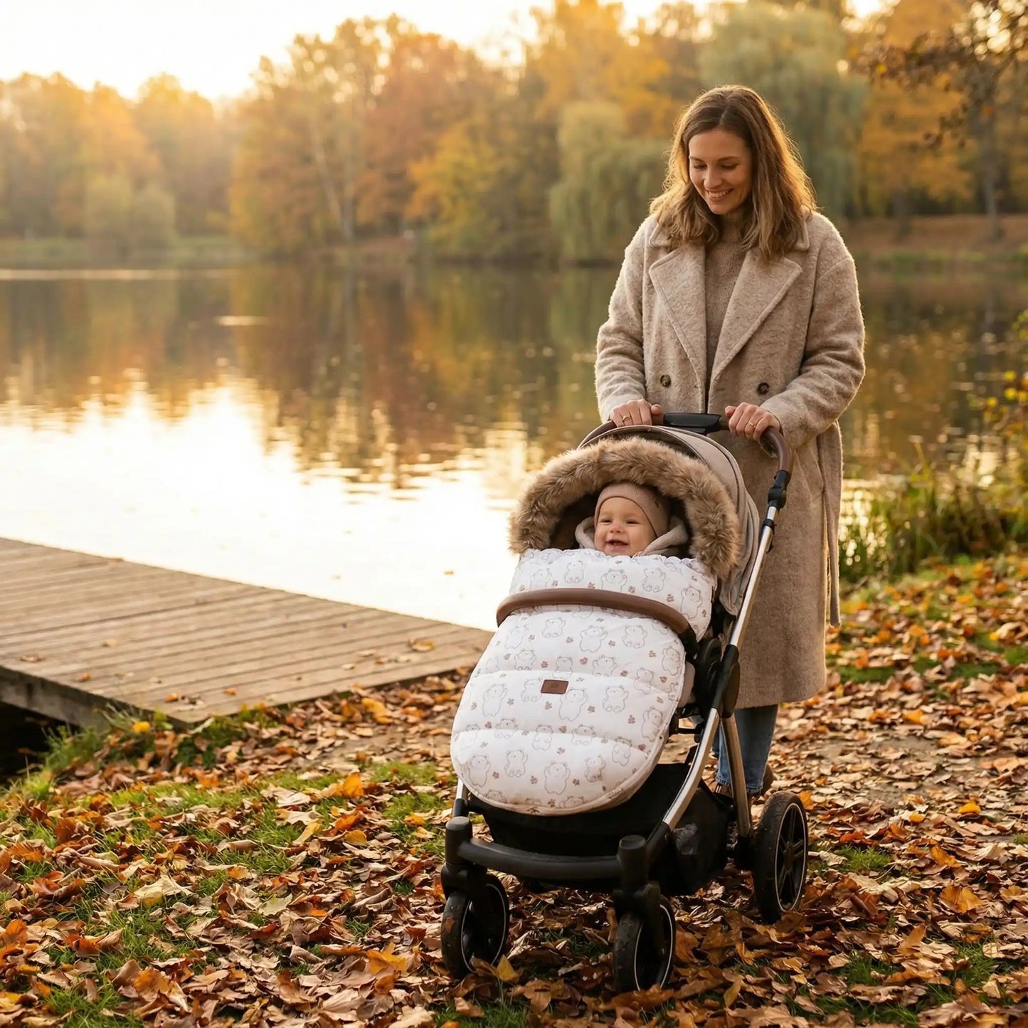Maman promenant son bébé en poussette en automne, protégé du vent par une chancelière blanche imperméable à capuche