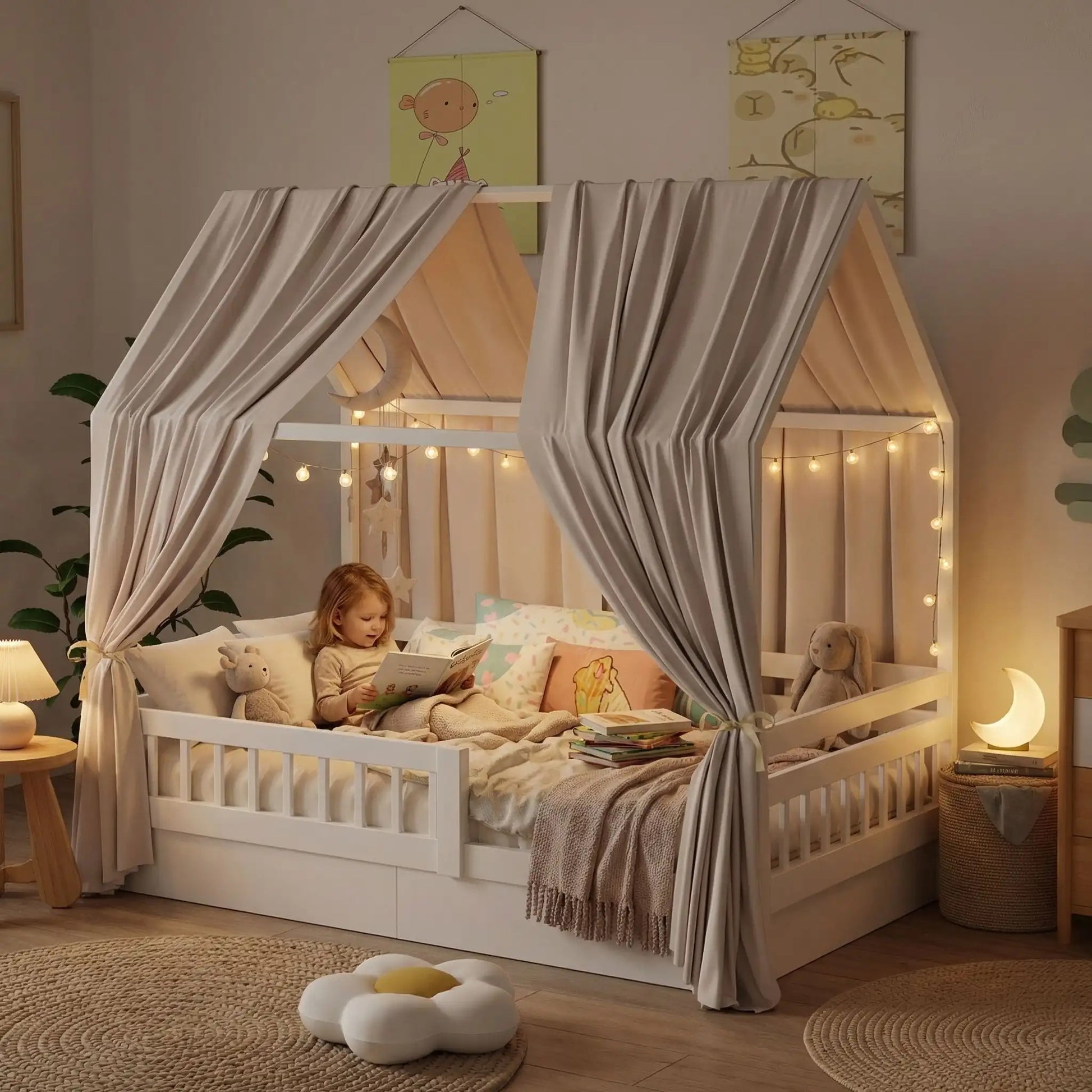 ciel de lit cabane beige creme pour chambre fille