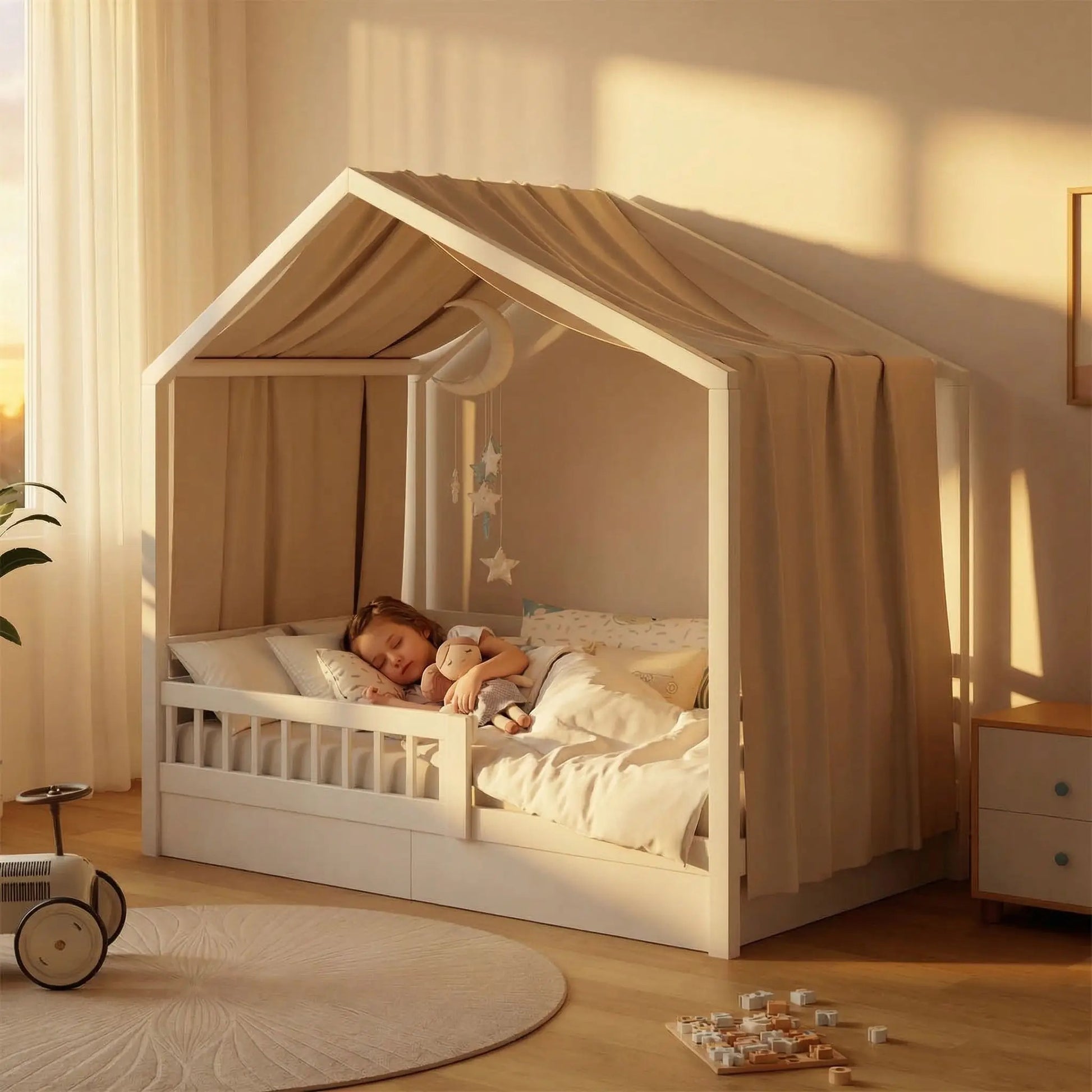 ciel de lit cabane pour lit standard beige
