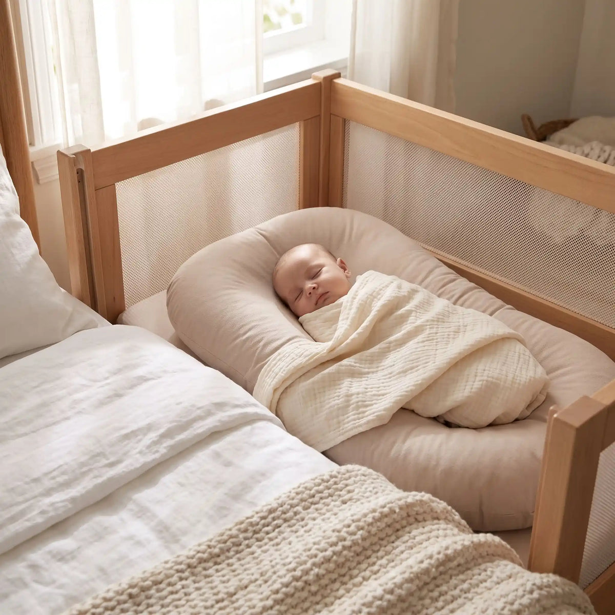 Nouveau-né endormi paisiblement sur le dos dans un réducteur de lit bébé ergonomique rose poudré, placé de manière sécurisée dans un lit à barreaux en bois (cododo)