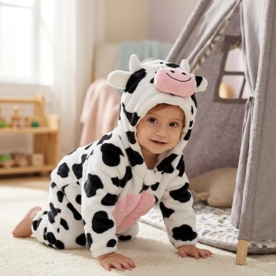 bébé à quatre pattes qui sourit avec sa capuche du costume vache enfant avec petites cornes, oreilles en relief et broderies soignées
