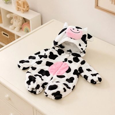 Déguisement vache pour bébé en tissu pelucheux noir et blanc avec capuche 3D et museau rose