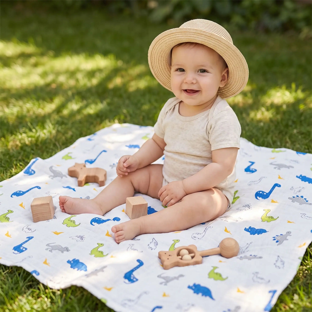 Bébé jouant dans l'herbe avec des jouets en bois, confortablement assis sur sa couverture en gaze de coton à motif dinosaure servant de tapis d'éveil