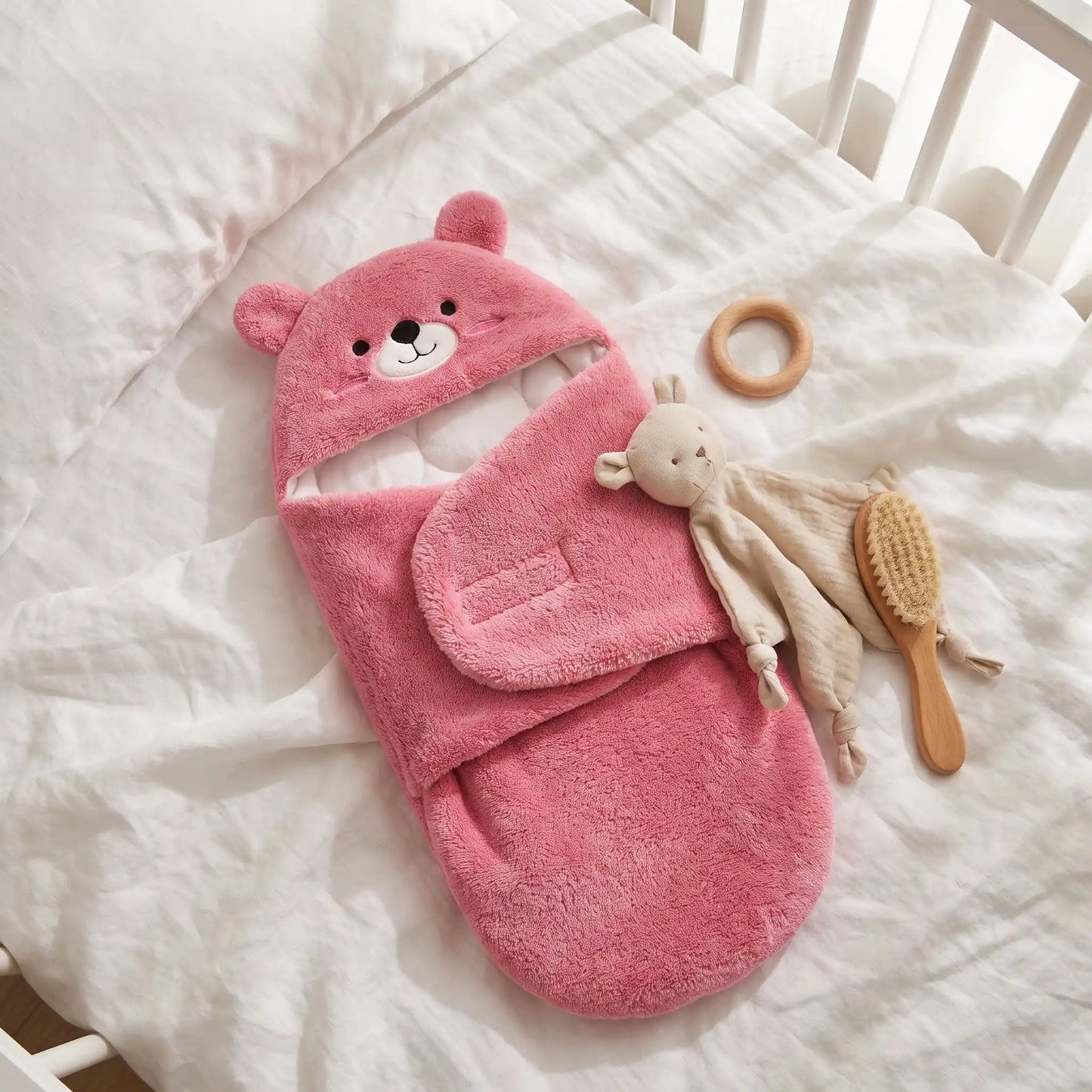 couverture enveloppante naissance  posé à plat sur un lit bébé avec des draps en lin blanc, lumière naturelle douce et doudou neutre, anneau de dentition en bois et brosse de poils de chèvre