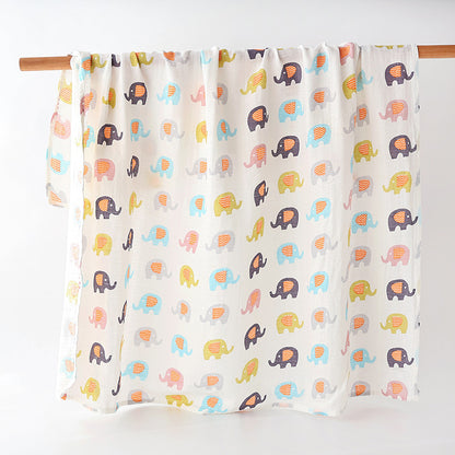 couverture en gaze de coton double pour toutes les saisons et multifonction avec des motifs éléphants de toutes les couleurs accrochée à un bâton en bois
