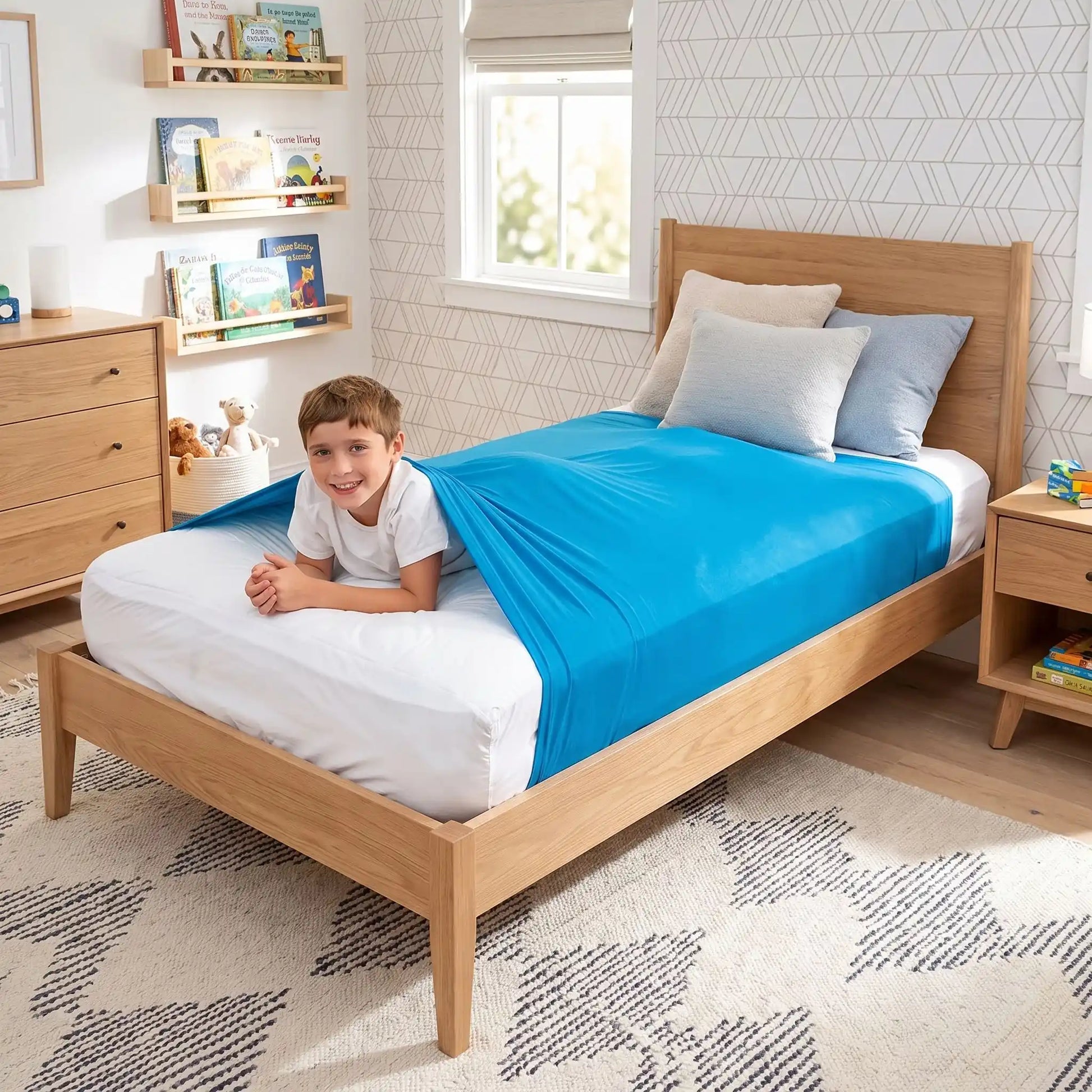 enfant dans son lit avec une couverture lestée enfant se présentant comme un drap de compression sensoriel bleu ciel