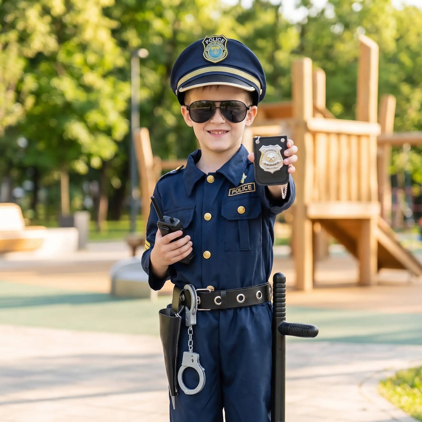 enfant en lunettes de soleil avec un déguisement du métier de policier et ses accessoires qui montre son badge