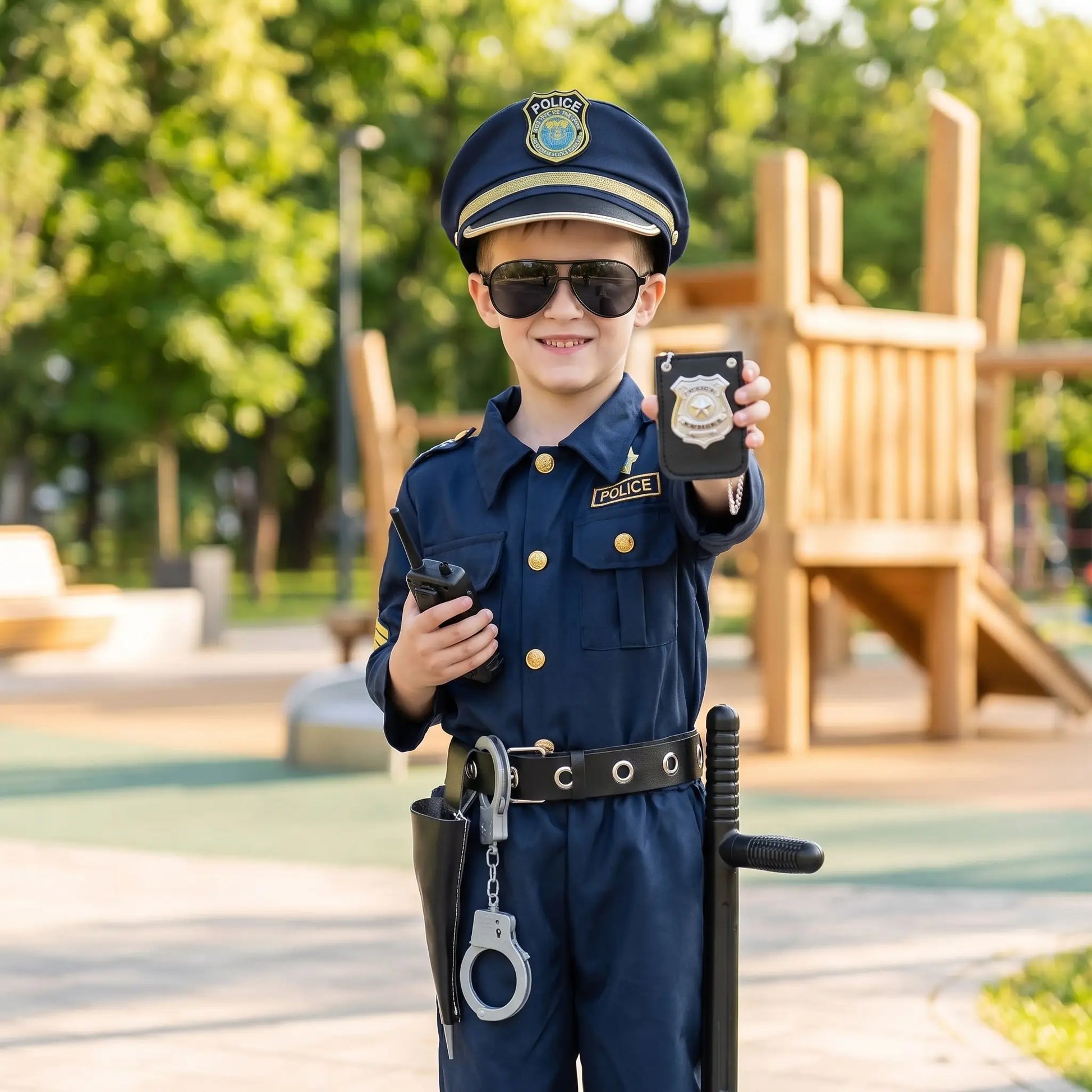 enfant en lunettes de soleil avec un déguisement du métier de policier et ses accessoires qui montre son badge