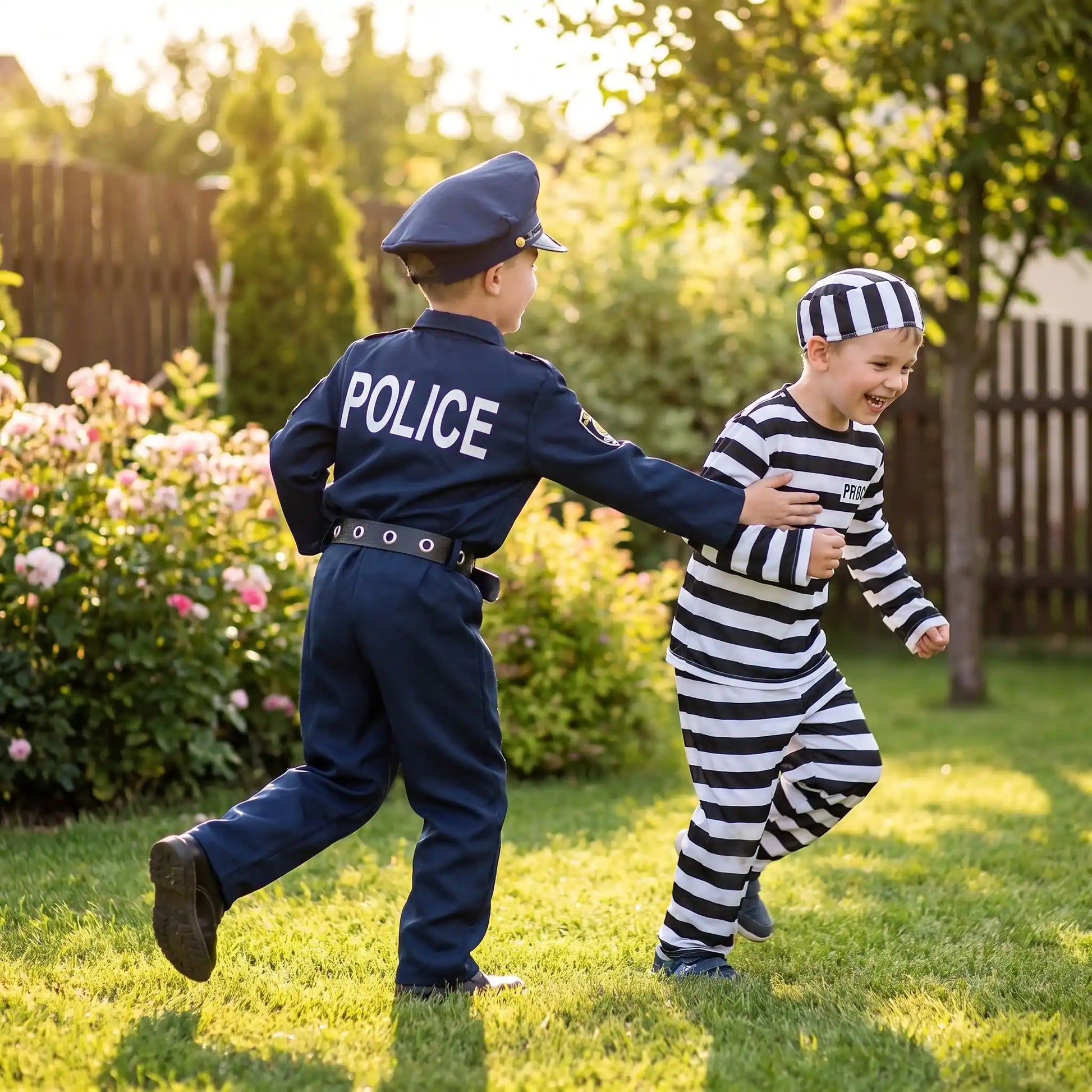 dans un jardin, un enfant avec le déguisement et l'inscription police dans le dos qui joue avec son frère habillé d'un costume de prisonnier