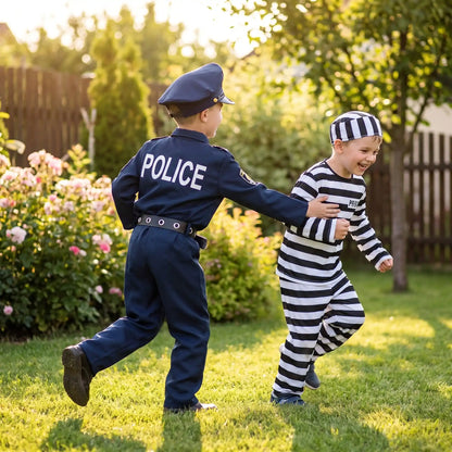 dans un jardin, un enfant avec le déguisement et l'inscription police dans le dos qui joue avec son frère habillé d'un costume de prisonnier