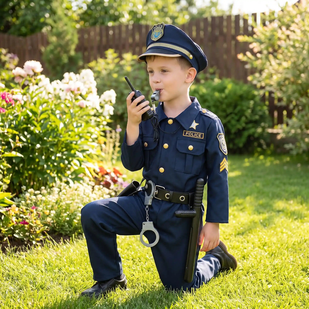 un enfant habillé d'un déguisement de policier enfant complet avec ses accessoires et sa casquette, qui a un genou à terre dans le jardin et qui a un sifflet dans la bouche et un talkie walkie joue une scène de policier
