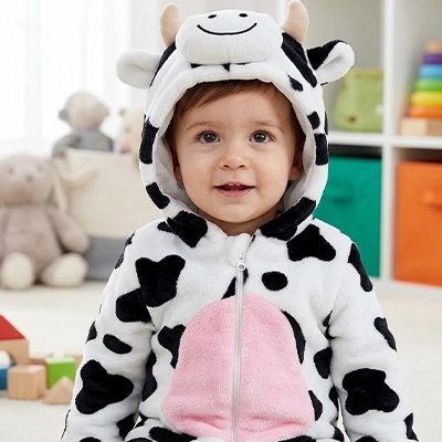 Bébé portant le déguisement vache doux utilisé comme surpyjama douillet d'intérieur