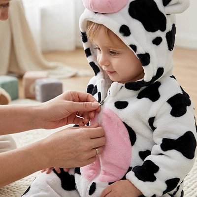 Combinaison déguisement vache avec fermeture éclair ventrale facilitant le change de bébé