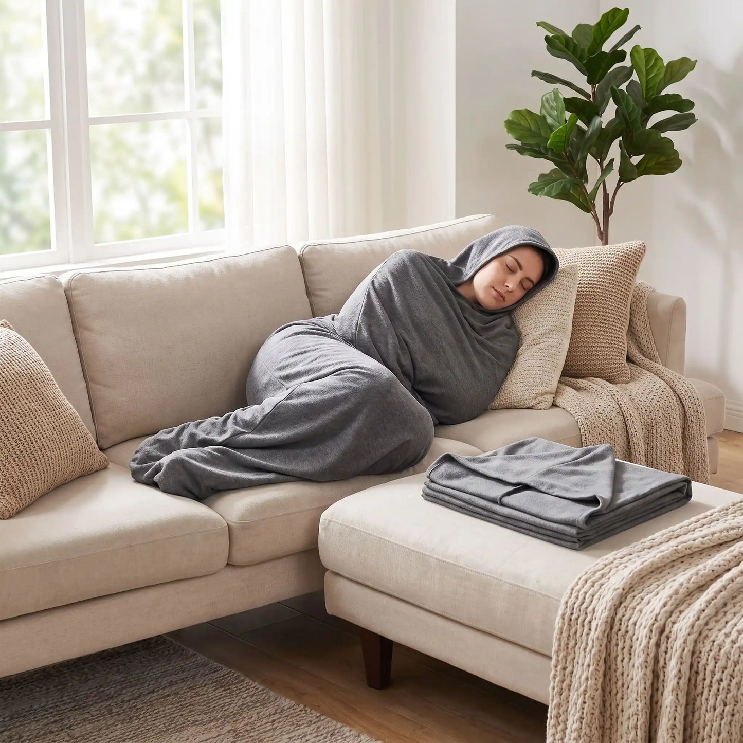 femme couchée sur le canapé avec une couverture emmaillotage pour adulte pour favoriser sommeil