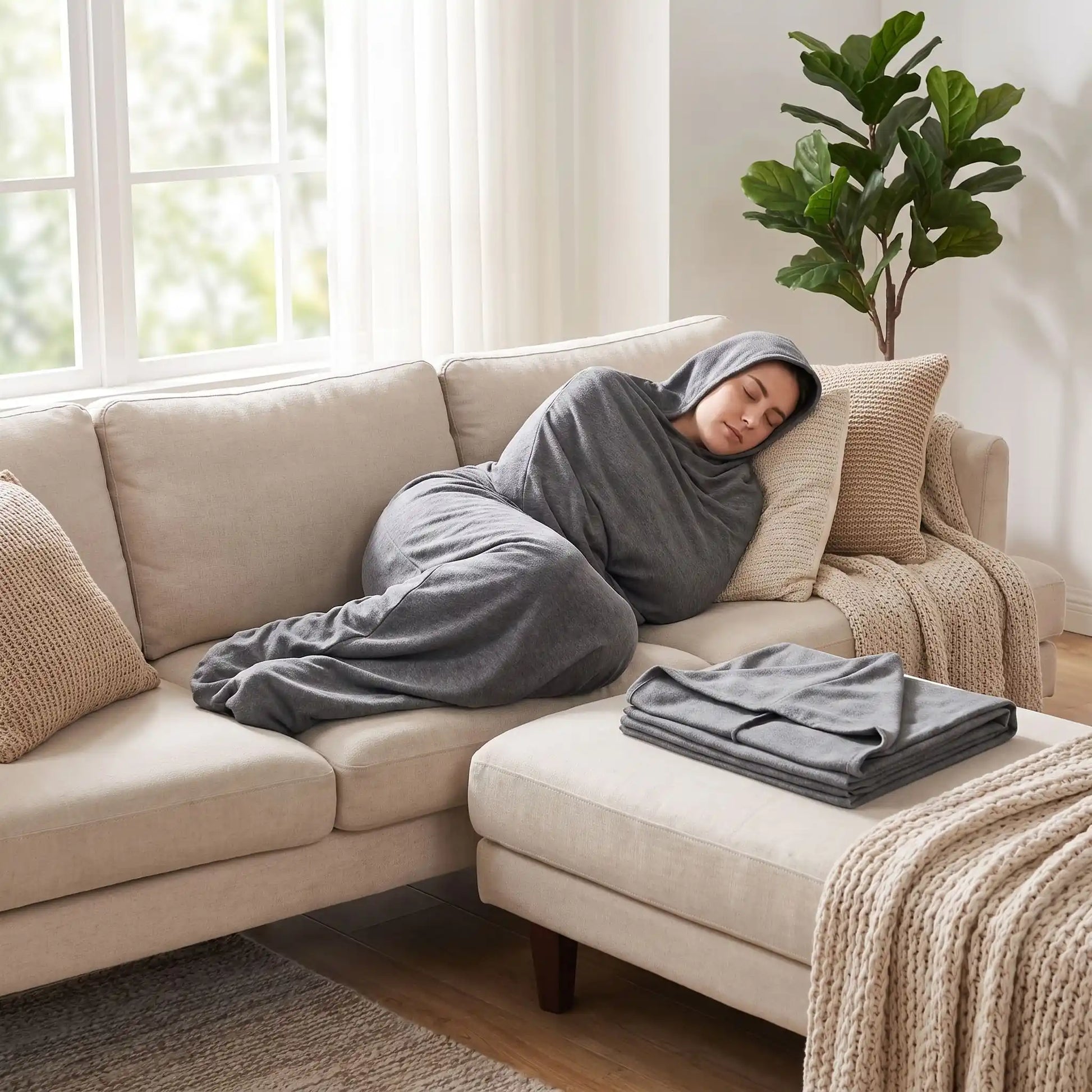 femme couchée sur le canapé avec une couverture emmaillotage pour adulte pour favoriser sommeil