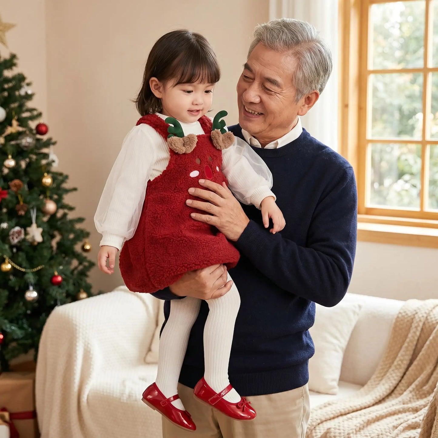 grand père portant dans ses bras sa petite fille dans un ensemble 2 pièces d'une robe de noël rennes rouge et blanc en coton
