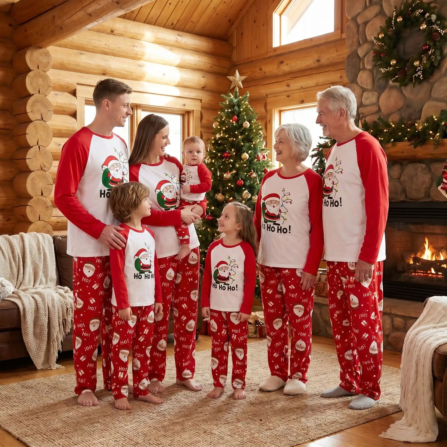 toute une famille et les grands-parents dans un chalet en bois avec leur ensemble pyjama famille noel chaud