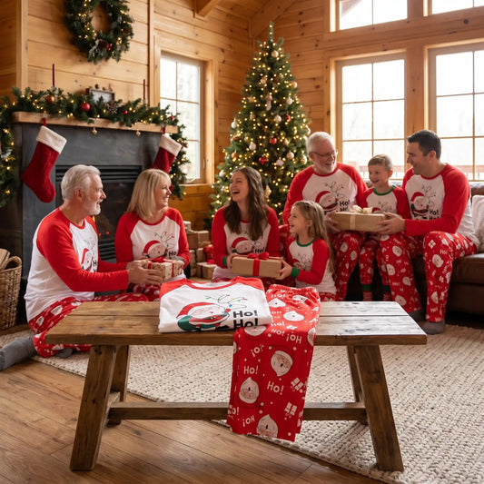 famille entière et grand-parent réunis dans un chalet en bois rond tous habillés avec un ensemble pyjama famille motif père noël rouge
