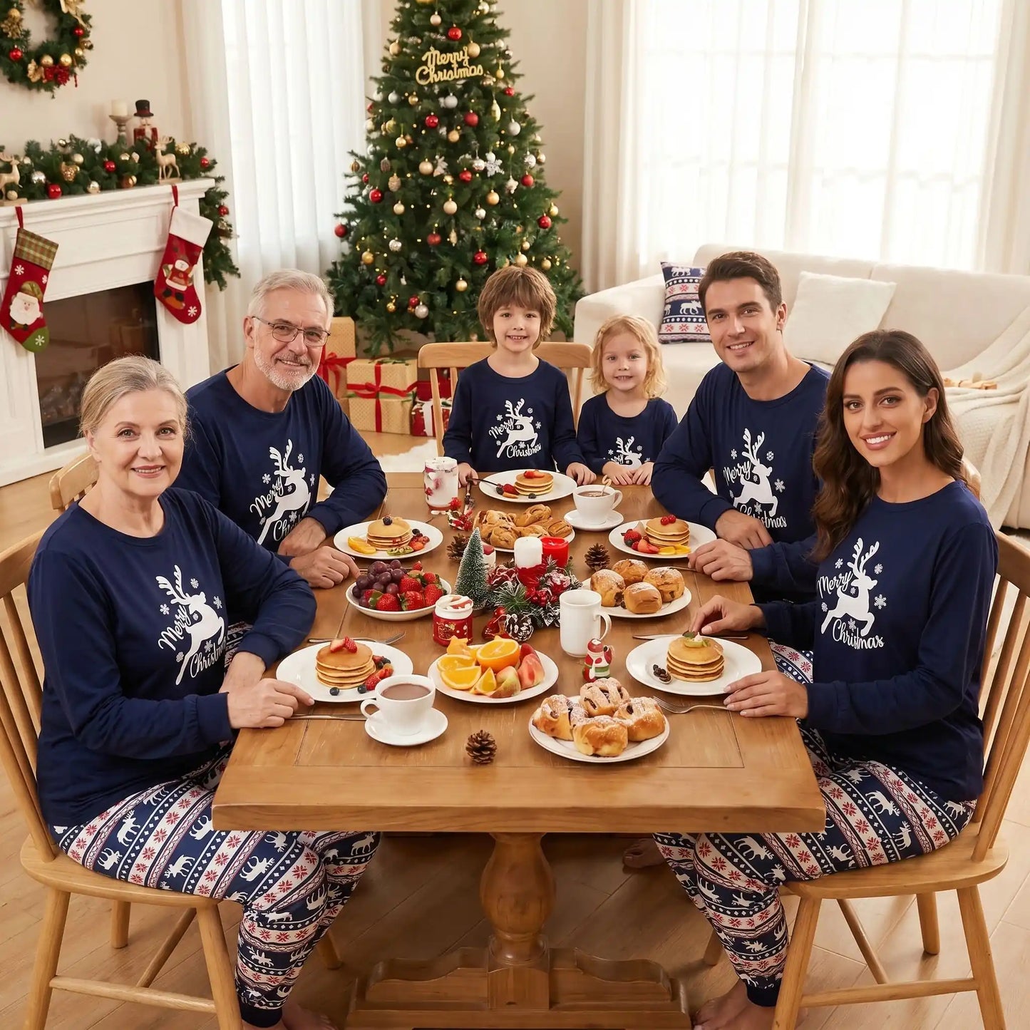 une famille rassemblée autour d'une table  à noël avec un ensemble pyjama noël famille assorti coton rennes 
