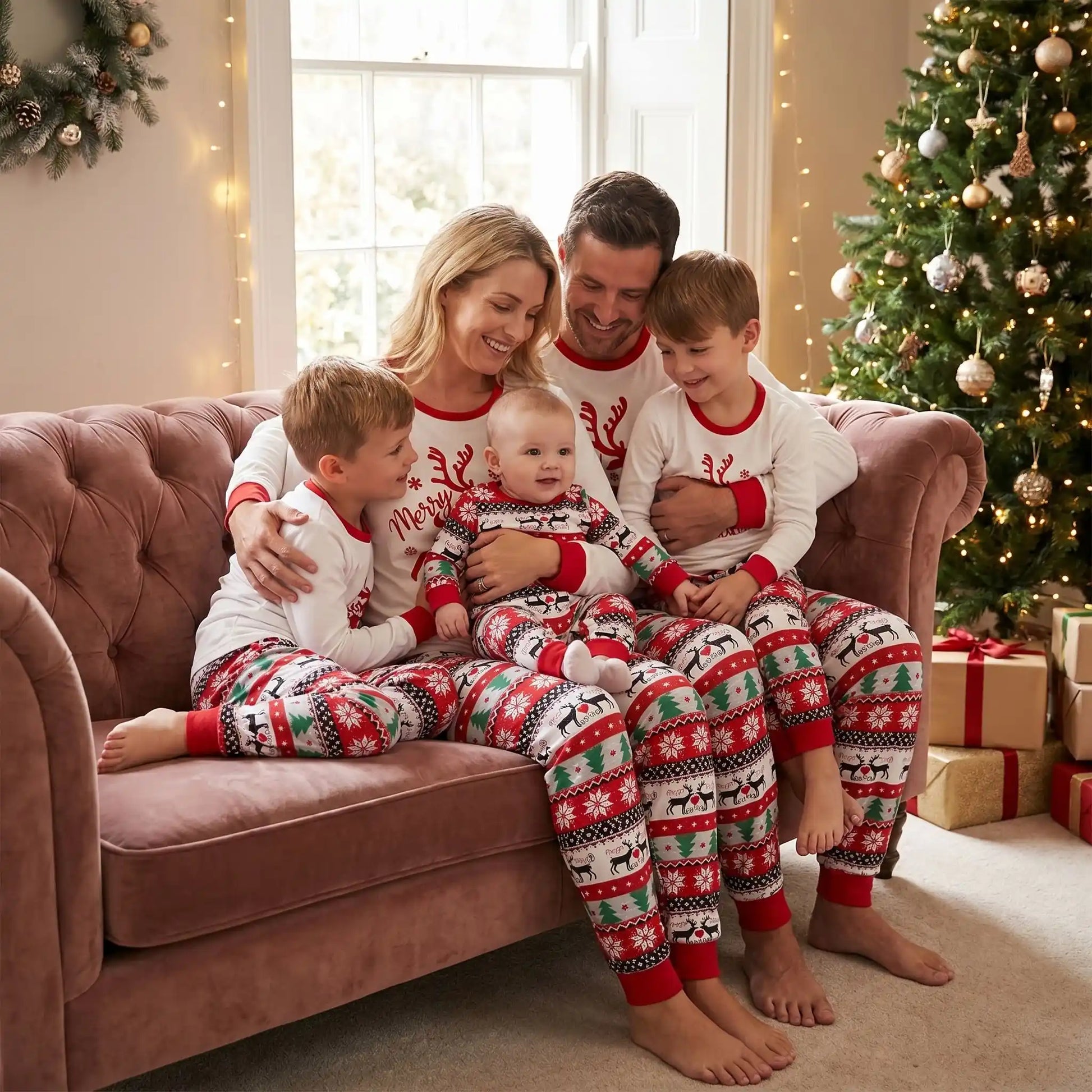 un couple avec leurs enfants assis sur un canapé habillés avec un ensemble pyjama noel famille identique pour toute la famille rennes rouge et blanc