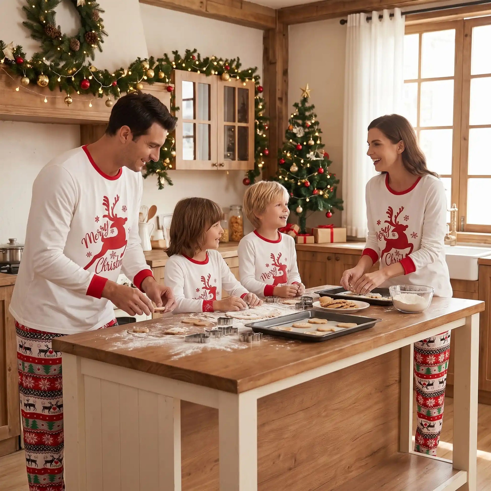 famille avec leurs enfants dans leur cuisine style champêtre habillés de leur ensemble pyjama noël famille rouge et blanc motifs rennes faisant des biscuits de noël