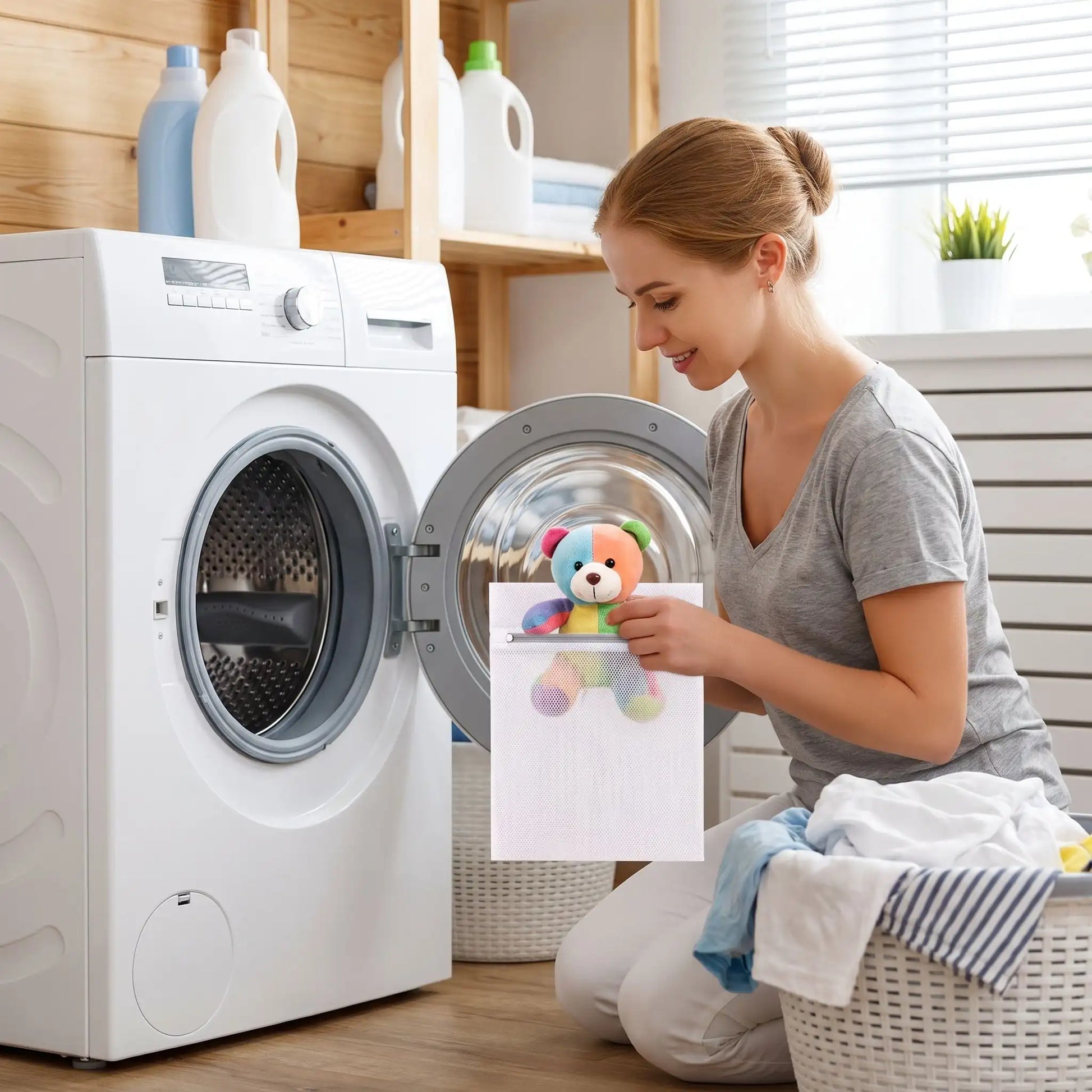 maman accroupit qui met un doudou dans un petit sac de lavage avec une machine  laver frontale blanche ouverte à côté d'elle