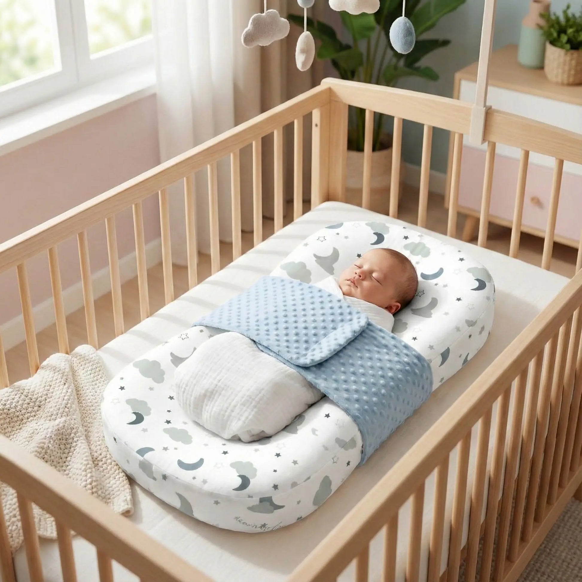 reducteur de lit bébé nuage et lune bleu avec velcro