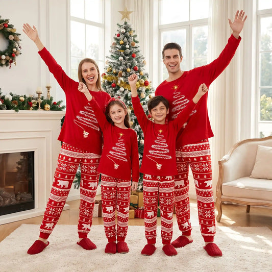 Pyjama de Noël Famille Assorti - Motif Sapin Scintillant Rouge et Blanc
