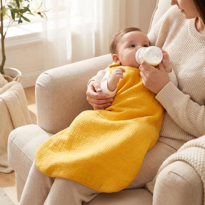 bébé qui boit son biberon en gigoteuse bébé en coton bio fabriquée en fabriquée en France