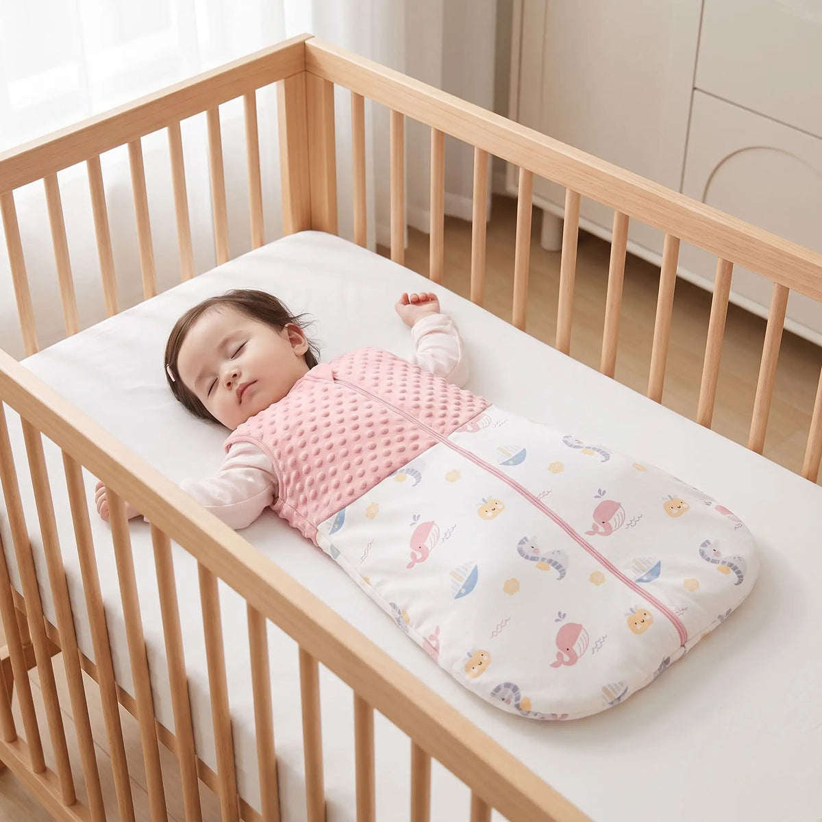 Petite fille endormie paisiblement dans un lit à barreaux, vêtue d'une gigoteuse mi-saison TOG 1.5 en coton rose à motifs marins et baleines.