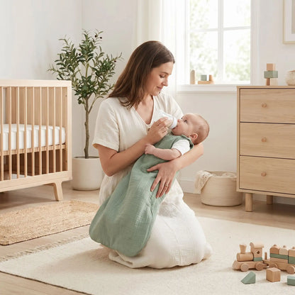 maman qui donne le biberon à son bébé habillé d'une gigoteuse bébé en tissu écologique marque française Papate
