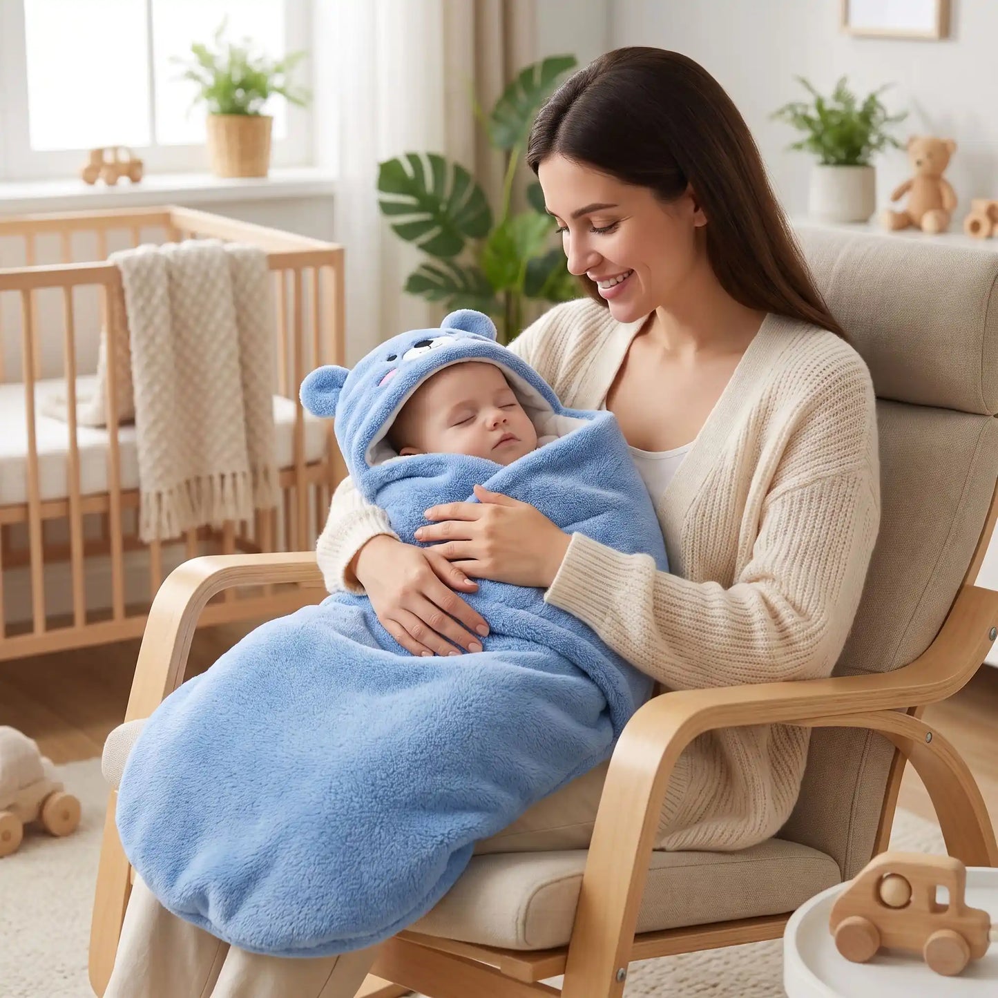 maman assise sur une chaise qui porte son bébé endormi dans les bras qui porte une gigoteuse cocon bébé pour l'hiver bleu