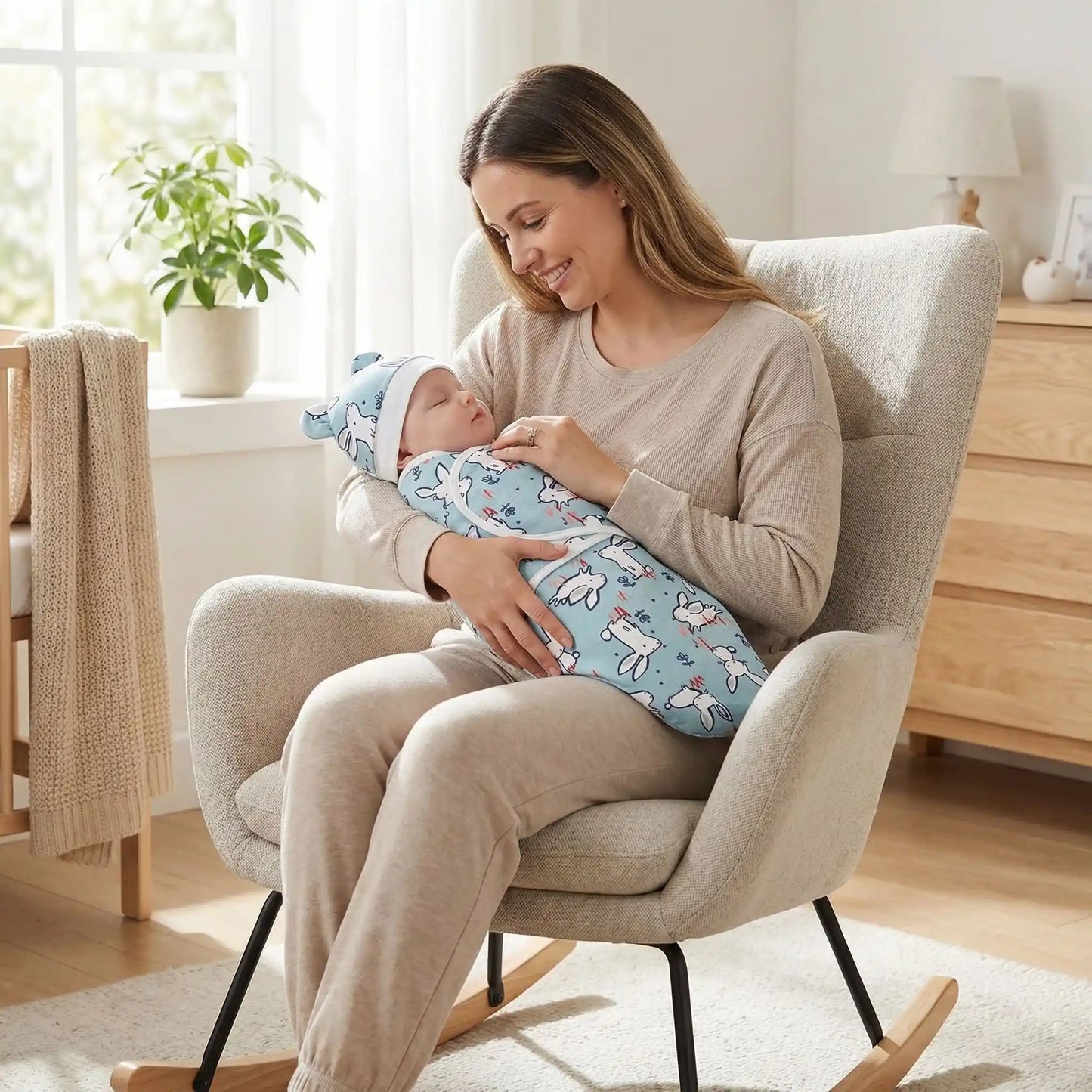 gigoteuse emmaillotage garcon avec bonnet bleu lapin