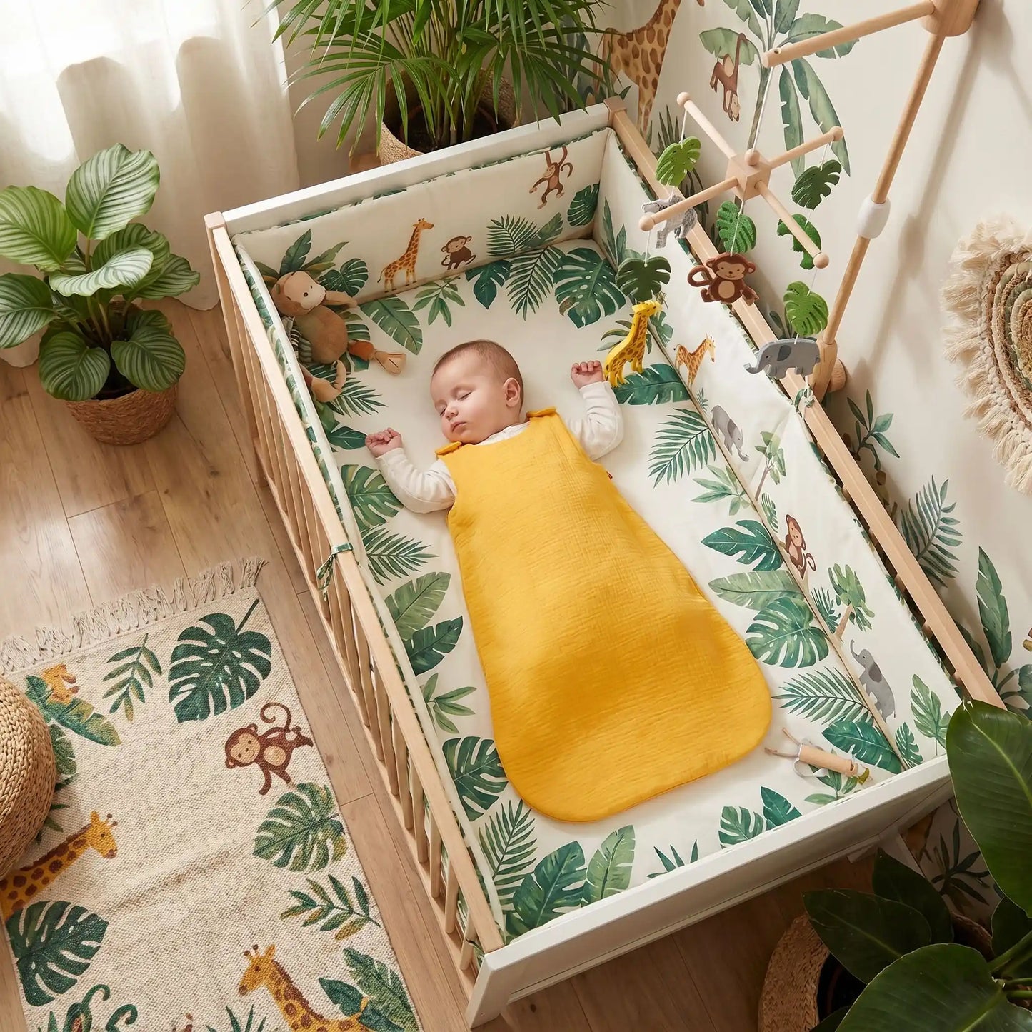 bébé qui dort en gigoteuse en double gaze de coton certifié bio dans une chambre décoré jungle