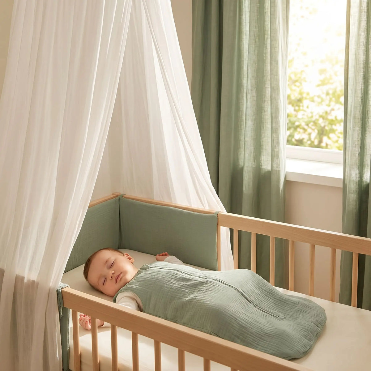bébé qui dort dans son lit avec sa gigoteuse été en gaze de coton biologique vert sauge