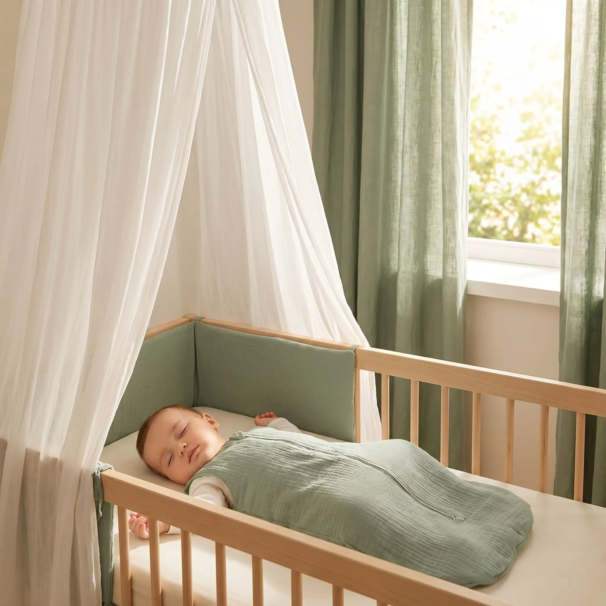 bébé qui dort dans son lit avec sa gigoteuse été en gaze de coton biologique vert sauge