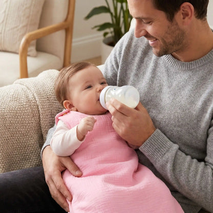 papa qui donne le biberon à sa fille habillée d'une gigoteuse extra fine gaze de coton respirante rose
