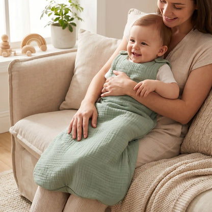 bébé qui sourit sur les genoux de sa maman habillé d'une gigoteuse gaze de coton biologique certifiée GOTS vert