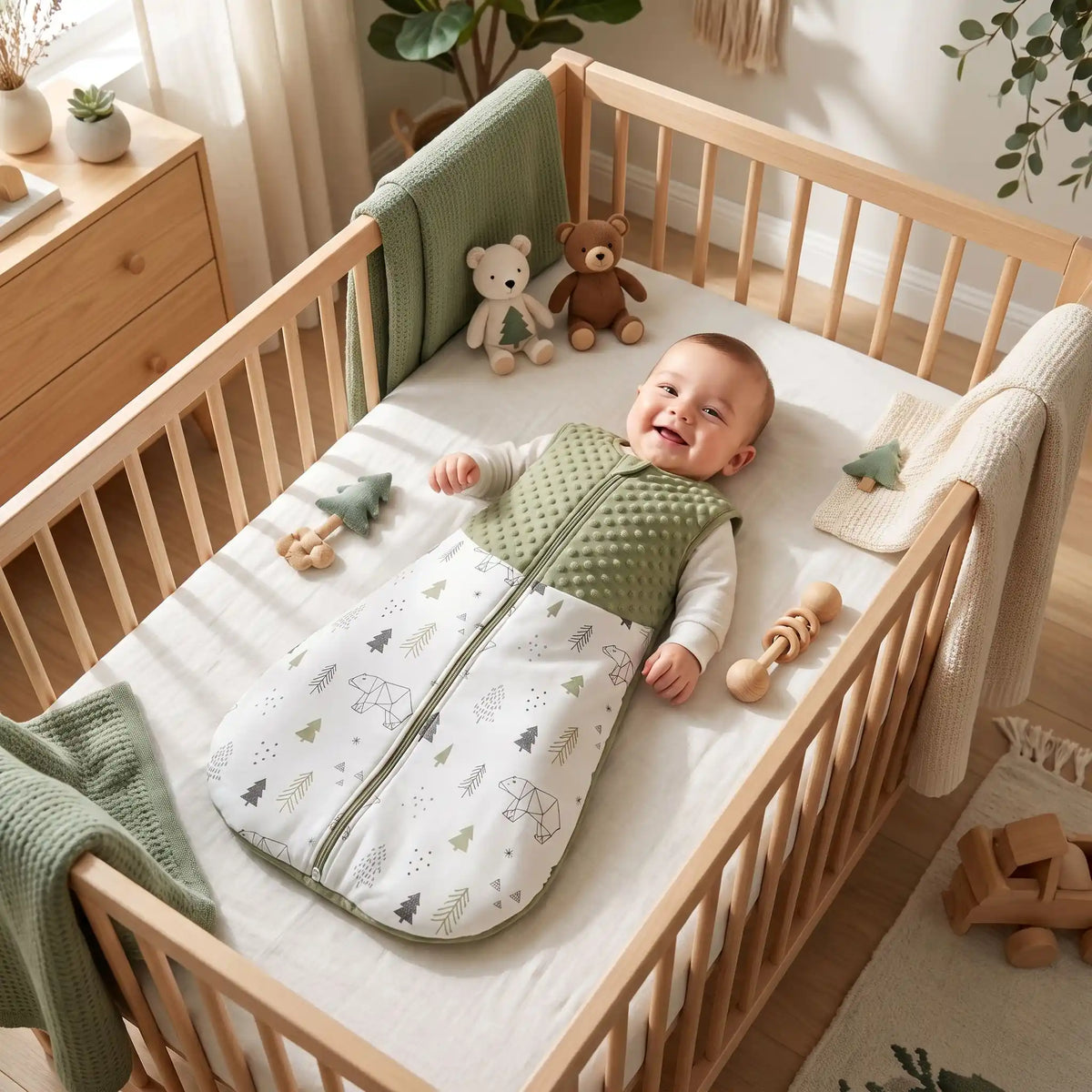 Bébé souriant dans son lit habillé d'une gigoteuse mi-saison TOG 1.5 verte en coton avec des motifs de petits sapins et d'ours.