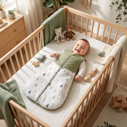 Bébé souriant dans son lit habillé d'une gigoteuse mi-saison TOG 1.5 verte en coton avec des motifs de petits sapins et d'ours.