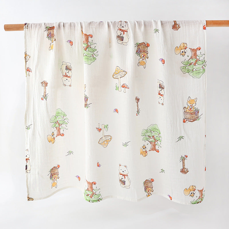 couverture en gaze de coton pour toutes les saisons avec des motifs de renards et d'écureuils